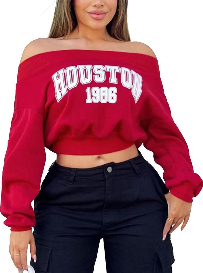 LovelyWholesale Women Off the Shoulder Sweatshirt Long Sleeve Graphic Pullover Crop Tops (Small, Red)