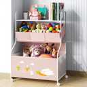 BBLIKE Toy Storage Organizer with Wheels - 3-Tier Kids Large Toy Box, Toy Chest Storage for Boys Girls Toddlers, Kids Bookshelf with 3 Fabric Toy Boxes for Playroom, Pink