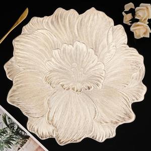 Gold Round Placemats for Dining Table Set of 6, Pressed Camellia Flower Place Mats 15 Inch Vinyl Table Mats for Chrismas Holiday Party Decoration