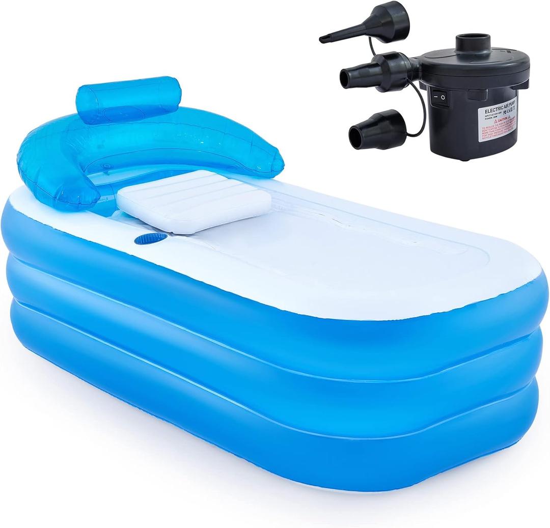 CO-Z Inflatable Bathtub with Electric Air Pump and Bath Pillow Headrest, Portable Blow Up Tub for Adults, Outdoor or Indoor Freestanding Foldable Spa Cover Drainage Hose Cup Holder (Light Blue)