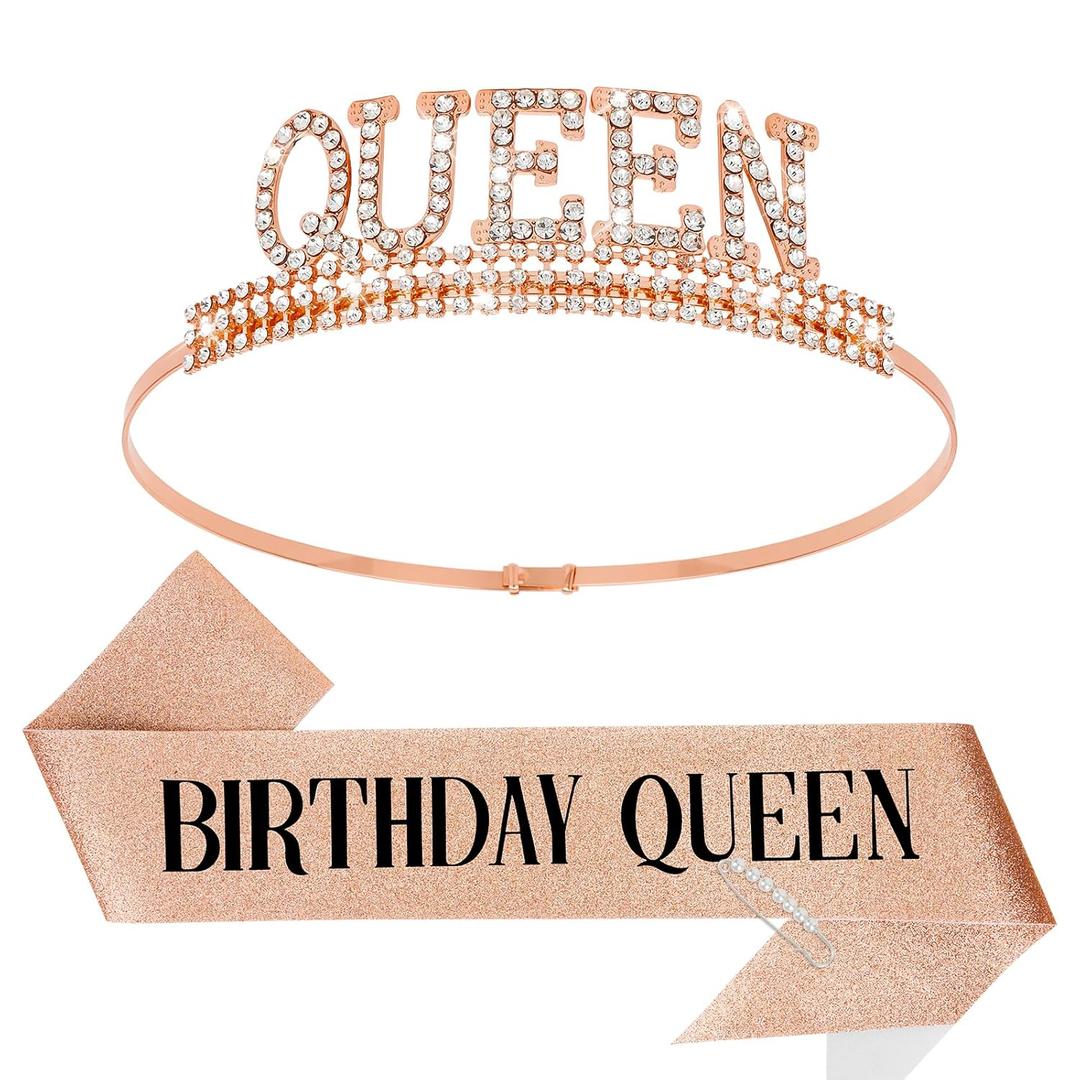 Ondder Rose Gold Birthday Tiara and Sash for Women Sparkle Birthday Queen Sash and Crown Shiny Queen Crowns and Tiaras for Women Birthday Party Decorations Gifts for Her Birthday Queen Party Supplies