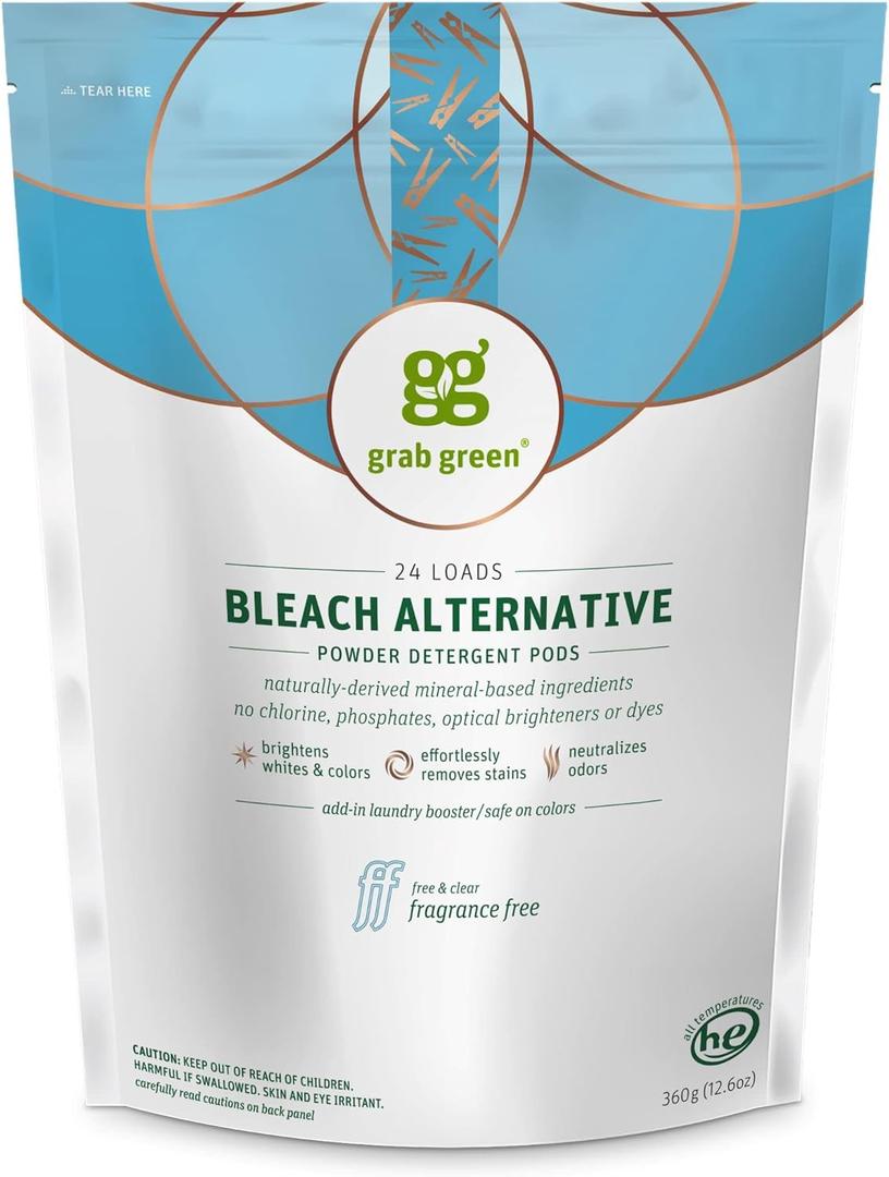 Grab Green Bleach Alternative Pods, 24 Count, Chlorine Free, Fragrance Free, Plant and Mineral Based, Laundry Booster to Brighten Whites, Removes Stains, Neutralizes Odors