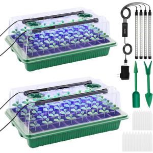 Seed Starter Tray with Timed Grow Light, 2 Pack 80 Cells Plant Starter Tray Seedling Starter Kit with Humidity Domes Base Indoor Mini Greenhouse Plant Germination Trays for Seeds Growing Starting