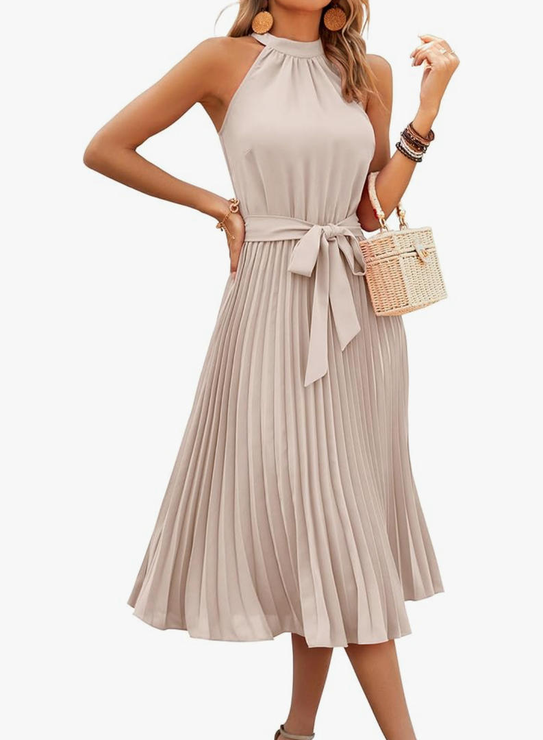 KIRUNDO Women's 2026 Summer Sleeveless Halter Neck Pleated Midi Cocktail Dresses A Line Flowy Beach Sun Dress with Belt, Beige, Size S