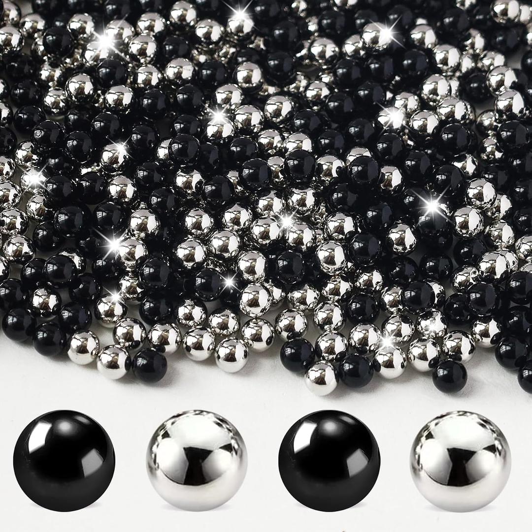 1300Pcs Black&Silver Vase Filler No Hole Pearl Beads, 8mm Art Plastic Beads Pearls for Crafting, Vase Filler for Centerpieces Wedding Party Decoration, Home Table Decor, DIY Crafts