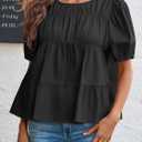 Tankaneo Womens Puff Sleeve Peplum Babydoll Tops Summer Flowy Pleated Cotton T-Shirts Casual Loose Fit Cute Blouse (Black, M)