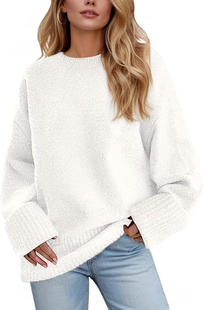 Women's Oversized Crewneck Sweaters, Long Sleeve Fuzzy Knit Casual Chunky Warm Fall Pullover Sweaters Top Trendy Outfits (White,medium)