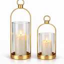 Gold Glass Candle Holder Set of 2, Modern Decorative Hurricane Candle Holders with Thick Glass Cylinder & Vintage Metal Frame for Table Centerpiece, Living Room, Shelf & Dining Table Decor