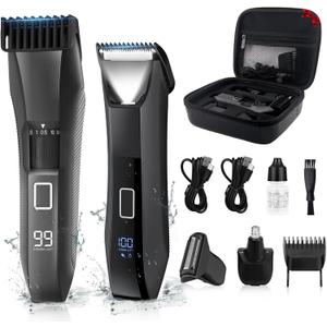 Beatslm Manscape Beard Trimmer for Men, Groin & Body Hair Trimmer, Ball Shaver, Nose Hair Clippers, All-in-One IPX7 Waterproof Men's Wet/Dry Groomer Kit, Rechargeable with Travel Case, LED Display (Tuxedo Black)