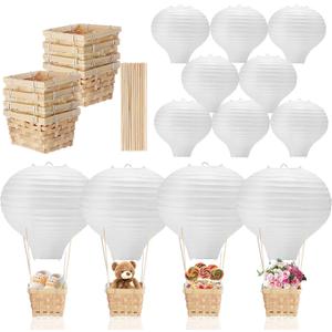 Meooeck 8 Sets Hot Air Balloons Decorations Baby Shower Table Centerpieces 11.8'' Paper Lantern with Basket for Gender Reveal Birthday Wedding Nurse Graduation Party (White)