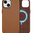 SHIELDON Case for iPhone 15, Genuine Leather Slim Wireless Charging Magnetic Non-Slip Anti-Scratch Shock-Absorbent Phone Case Cover with Metal Buttons Compatible with iPhone 15 5G 6.1" - Saddle Brown