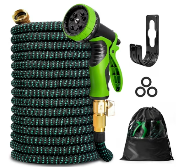 KOTTO Expandable Garden Water Hose 10 Spray Nozzles Anti-Rust Solid Brass Connector Lightweight No-Kink Flexible - Green 100ft