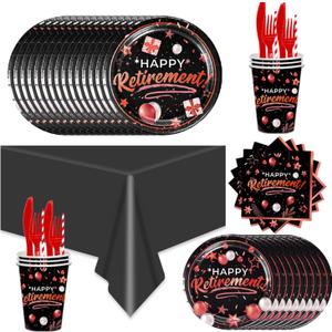 141Pcs Happy Retirement Party Decorations for 20 Guests - Rose Gold and Black Retirement Party Plates and Napkins Forks Cups Cutlery for Men Women Say Goodbye Supplies