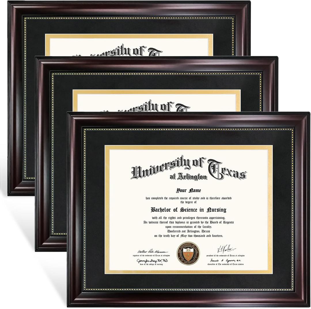 GraduationMall 8.5x11 Diploma Frame with Black over Gold Mat or Display 11x14 Document without Mat, UV Protection Acrylic, Mahogany with Gold Beads, Set of 3 Mahogany With Gold Beading, 11x14 or 8.5x11 With Mat 3-Pack