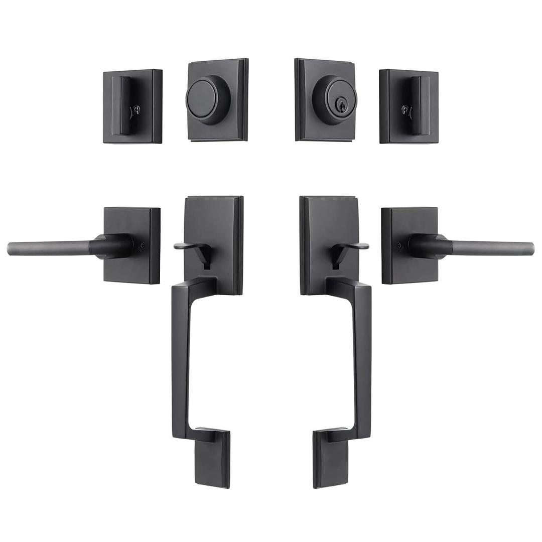 NeuType Front Door Handle Set Matte Black Double Door Handle Set with Dummy Heavy Duty Double Door Lock Set, with Single Cylinder Deadbolt and Lever Handle, Compatible with Right & Left Handed Doors