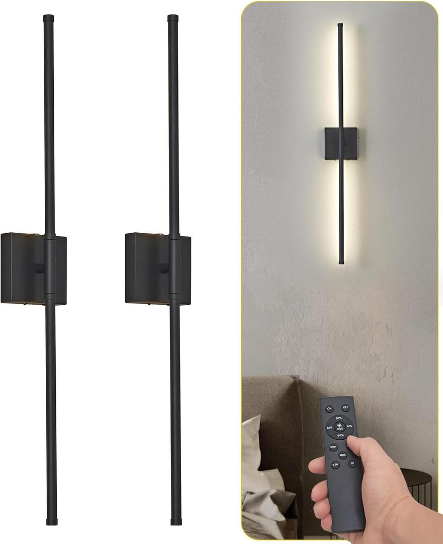 LED Battery Operated Wall Sconces with Remote Control,3000K-6000K Wireless Wall Light for Bedroom, Wall Sconces Set of Two,Background Wall, 360Rotate,32 Inch(2 Pack) (Black)