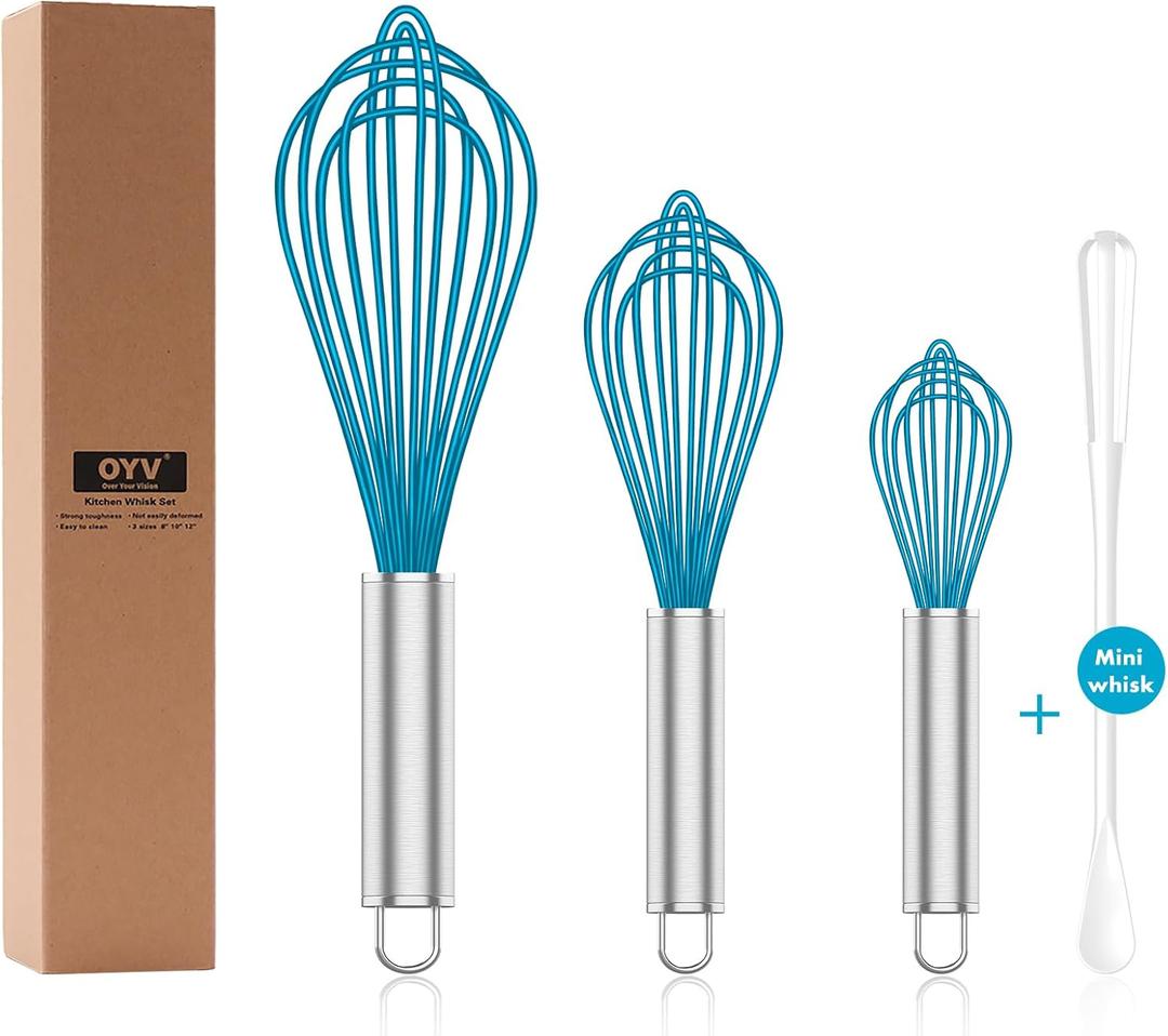 Silicone Whisk,Heat Resistant 480F Whisks For Cooking Non Scratch,Stainless Steel wired wisk,Plastic Rubber Whisk Tool For Nonstick Cookware Pans,Silicon Wisks Set of 4,Blue (Premium(Blue Pack))
