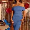 GOBLES Women's Elegant Strapless Off Shoulder Bodycon Midi Cocktail Party Dress (Blue, L)