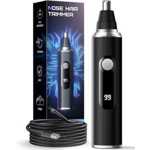 Nose Hair Trimmer for Men and Women, USB Rechargeable Electric Facial and Ear Hair Remover with LED Display, Dual-Edge Blades for Smooth, Painless Eyebrow Grooming (Black)
