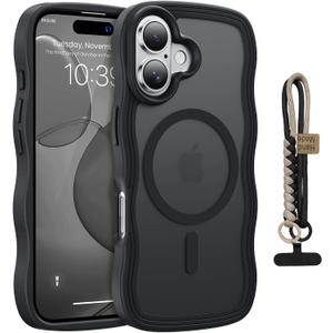 for iPhone 17 Case Cute Wavy Matte Black |Compatible with MagSafe,Color-Matched Lanyard,Military Grade Shockproof,Slim & Durable,Travel-Ready & Stylish
