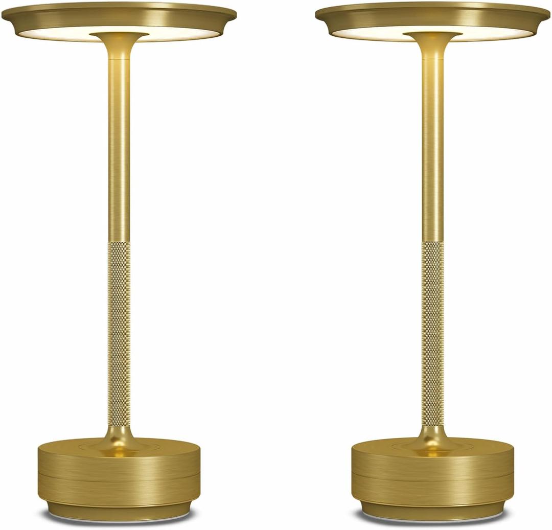 2 Pack Cordless Table Lamps Rechargeable, 5000mAh Portable LED Table Light, 3 Color Stepless Dimming Battery Powered Table Lamp, for Patio/Restaurant/Home/Outdoor.(Brushed Gold)