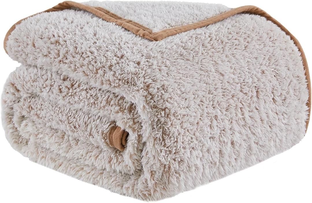 EMME Soft Sherpa Fleece Blanket Reversible Plush Fluffy Large Blanket, Light Weight Warm Decorative Boho Blanket Cover for Sofa, Couch, Bedroom,Travel(Plush Khaki,50"x60") (Throw)