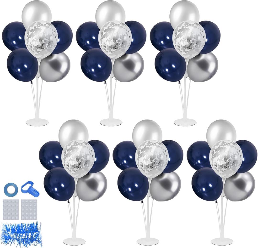 ZJDHPTY 6 Set Balloon Stand with Blue and Silver Balloons Centerpiece Table Decorations Birthday Graduation Bridal Shower Wedding Anniversary Father's Day Retirement New Years Decorations 2026