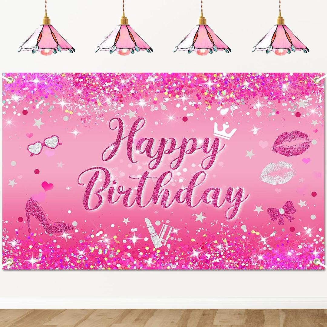Avezano Hot Pink Happy Birthday Banner Glitter Hot Pink Birthday Party Decorations Pink Happy Birthday Sign Decoration Banner for Women Girl 70.8 x 43.3 Inch
