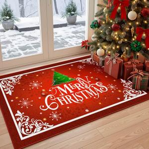 Christmas Rug for Outdoor Indoor Doormat Entryway Rugs, Santa Welcome Front Door Mats Non Slip Doormat, Xmas Holiday Decoration Carpet for Porch Mudroom Kitchen Laundry Room Bath, 2x3 Feet (Red)