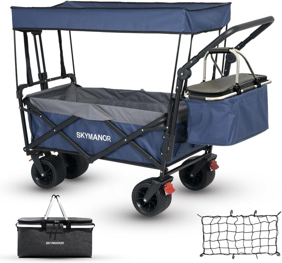 Collapsible Wagon with Removable Canopy, 3-in-1 Heavy Duty Garden Cart with Big All-Terrain Wheels, Brakes, Adjustable Push Pull Handle, Cooler Bag, 300LBS Wagon Cart for Camping (Blue)