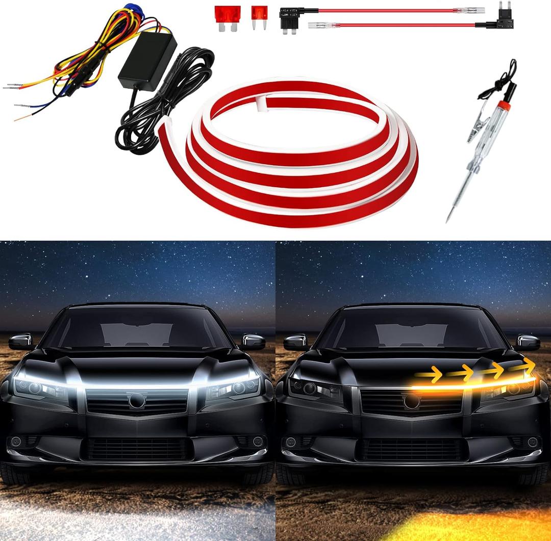 Exterior Car LED Hood Light Strip,Dual Color Dynamic Scan Start Up Hoodbeam Kit,Led Daytime Running Lights White&Amber Switchback Sequential Turn Signal Lights for Cars, Trucks,SUV(79inch/1set)