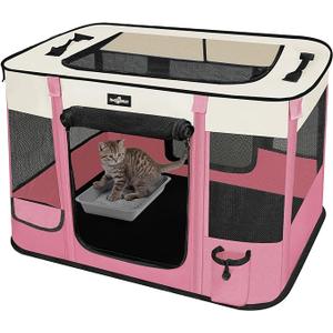 Paw Ballet Foldable Pet Kitten Playpen, Upgrade Waterproof Portable Cat Dog Playpen Kennel Tent for Dog Cat, Retractable Shade Cover with Free Carrying Case, Indoor Outdoor Use for Small Pet, Pink, Medium(32''×24''×21.5'')