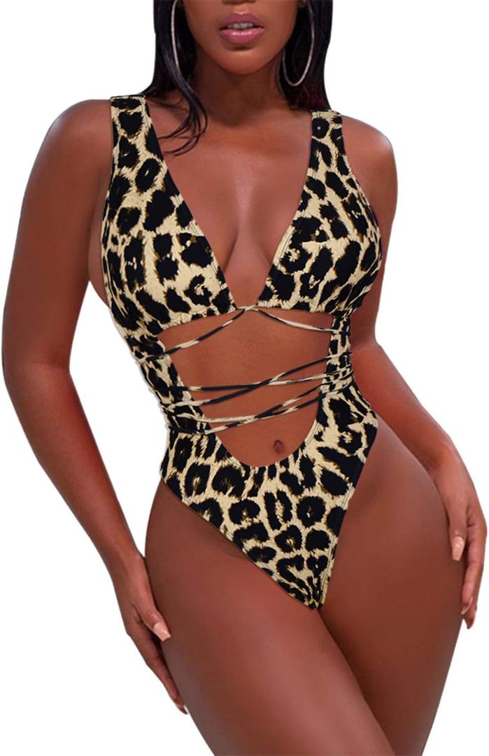 Sovoyontee 2025 Women's Sexy Cheeky One Piece Swimsuits High Cut Thong Bikini Bathing Suit Monokini (Medium, Brown Leopard Print)