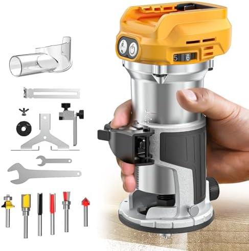 Cordless Compact Router for DeWalt 20V Battery (Bare Tool), 6 Variable Speeds for Woodworking, 800W 30,000 RPM Fixed Base Wood Router With Trim Bits, Edge & Roller Guide, Dust Hood