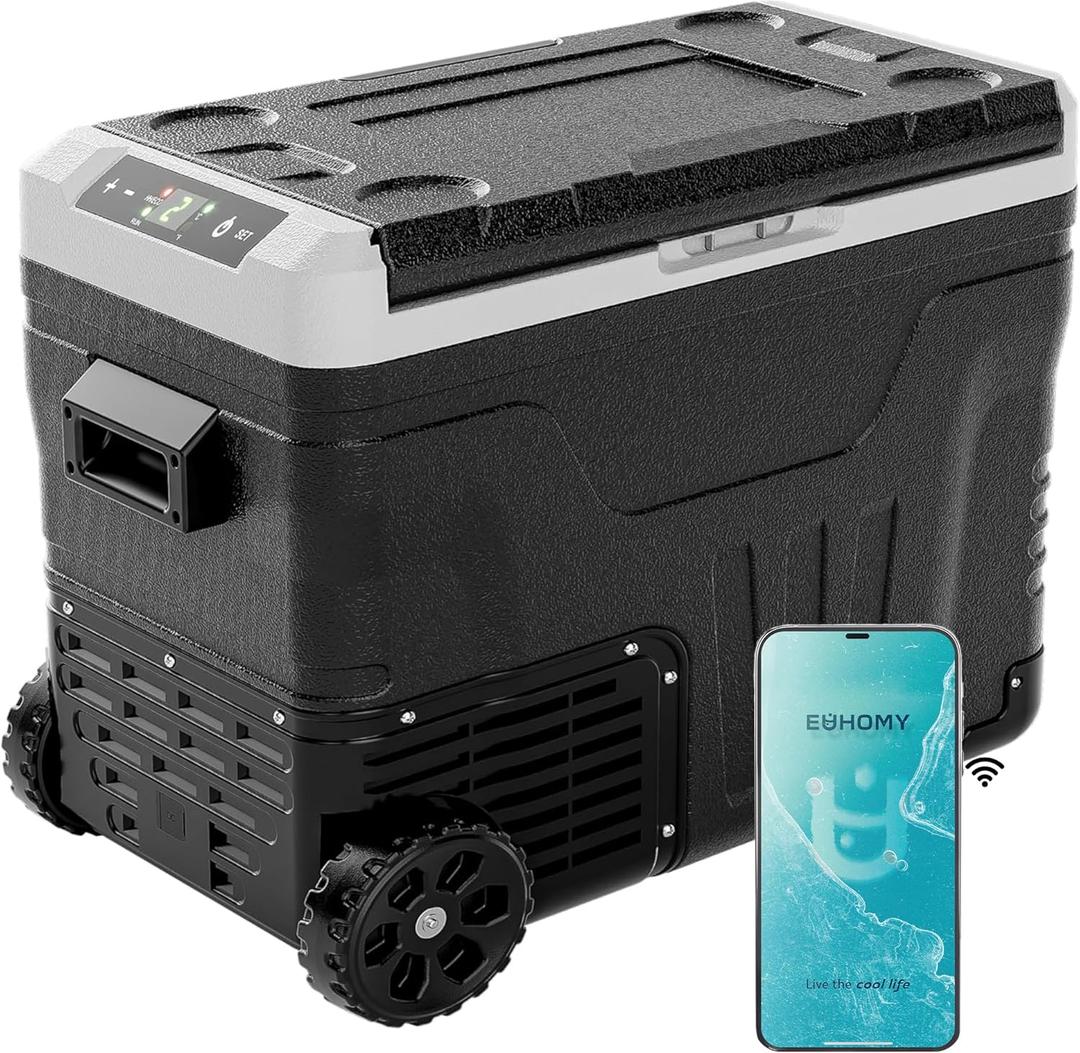 EUHOMY 12 Volt Refrigerator, 53QT(50L) Electric Cooler, Portable Freezer 12V/24V DC 110-240V AC, 12V Fridge -4~68, 12V Cooler with Wheels & 2 Baskets for Travel, Truck, Boat, Camping