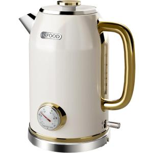 Retro Electric Kettle 1.8L/60.8oz with Thermometer - 1200W Fast Boiling Stainless Steel Tea Kettle with Water Level, BPA-Free, Auto Shut-Off, Boil-Dry Protection, Pearl White