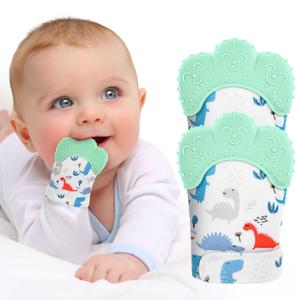 2Pack Silicone Teething Mitt, Soothing Infant Teething Mitten Pain Relief, Prevent Scratches Glove, Safe Silicone Teething Toys for 0-12 Months (Green Dinosaur)