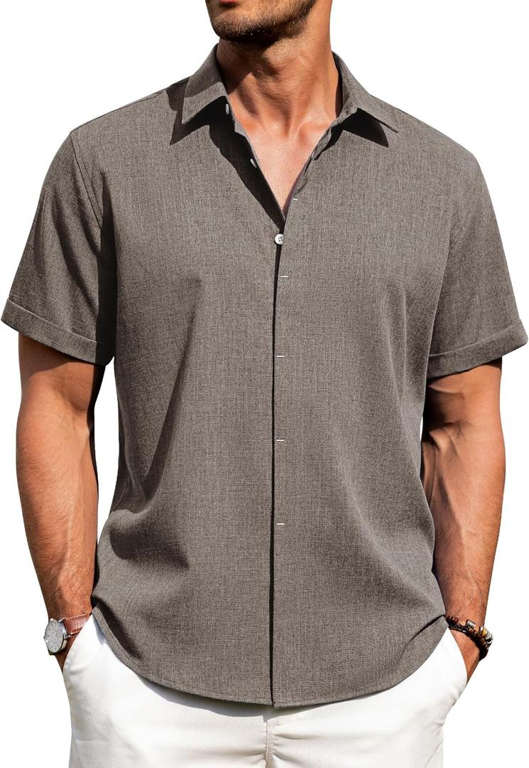 J.VER Men's Linen Shirts Casual Short Sleeve Button Down Shirt Beach Vacation Cruise Summer Wedding Cotton Tops (Brown, Small)
