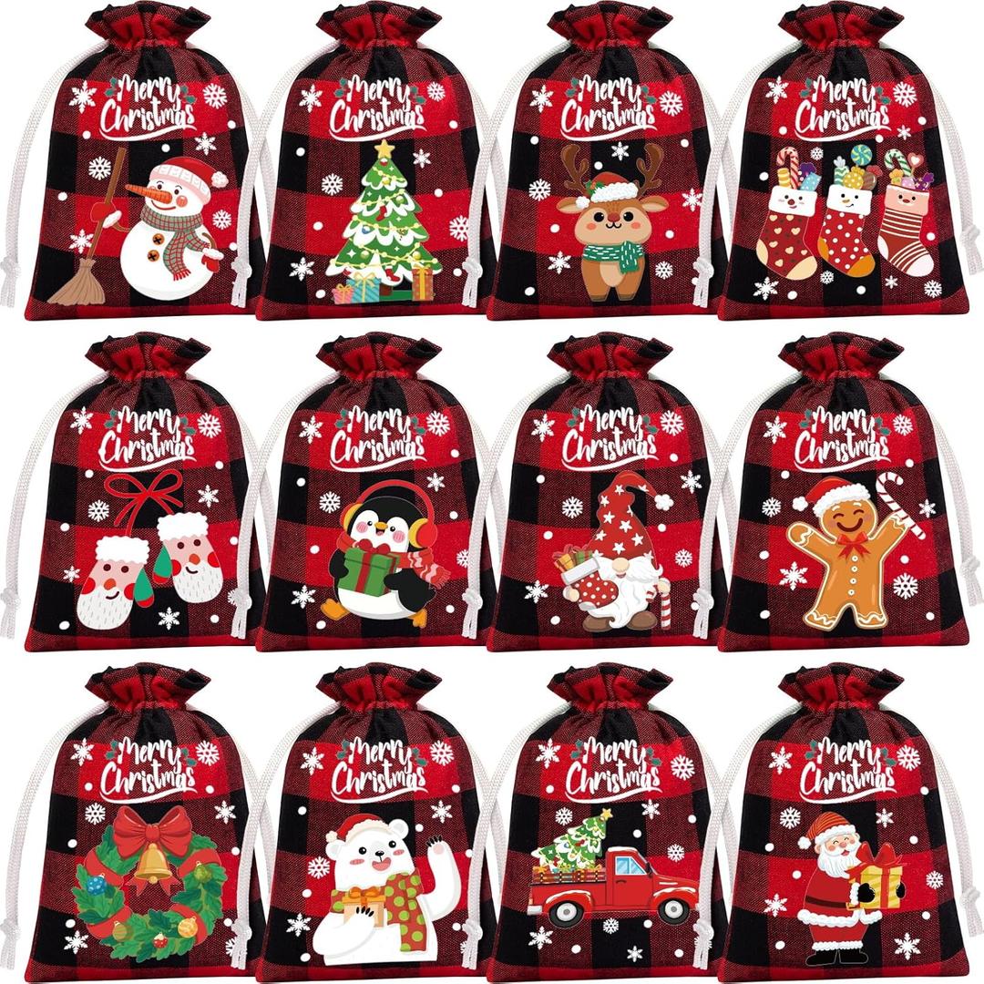 FLOE 36Pcs Burlap Christmas Drawstring Bags Buffalo Plaid Xmas Gift Bags Burlap Xmas Candy Bag Small Christmas Linen Goody Gift Sacks Treat Sacks Reusable Gifts Wrapping Bag Holiday Party Favors (Red & Black Plaid)