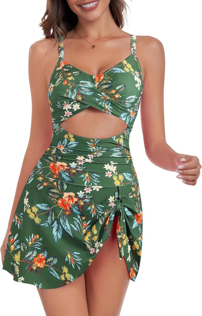 ZAFUL Women One Piece Swimdress Tummy Control Bathing Suit Push Up Swimsuit Modest Swimwear Cutout V Neck Cute Tie Knot Skirt (Green, L)