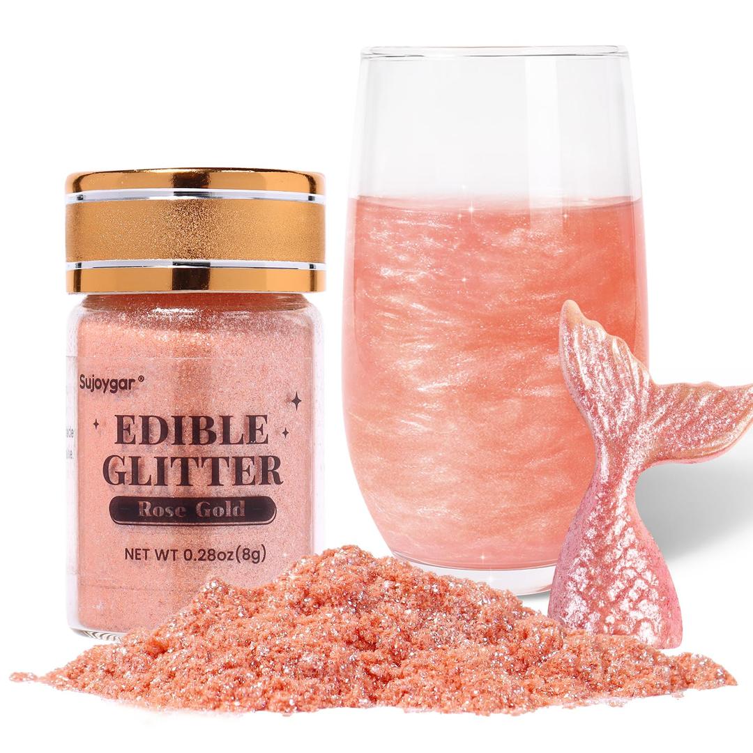 Sujoygar Rose Gold Edible Glitter, Food Grade 8g, Edible Glitter for Drinks, Kosher & Halal Certified, Cocktail, Cupcake, Chocolate, Strawberry, Baking (Single) Exp 3/25/27