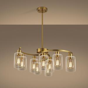 CNRATYE 9-Light Gold Glass Chandelier, Adjustable Height Dining Room Light Fixtures Over Table, Contemporary Hanging Chandelier for Kitchen Island Living Room Foyer Office, Clear Glass Shade