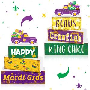 4 Pcs Mardi Gras Wooden Table Decorations Mardi Gras Centerpieces Table Decorations Rustic Tiered Tray Shelf Office Carnival Decor Home Party Supplies Decor