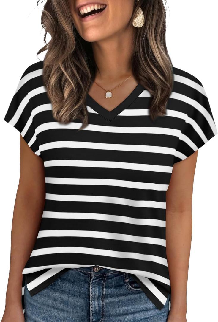 WIHOLL Womens Tops Basic Summer V Neck T Shirts Short Sleeve Dressy Casual Loose Fit Cute Tee Clothes Trendy Fashion Outfits (XX-Large)