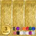 3 Pack 3.3x8.2 Feet Gold Foil Fringe Backdrop Curtains, Tinsel Streamers, Fringe Backdrop for 2025 New Years Eve, Graduation, Birthday, Baby Shower, Gender Reveal, Disco Party