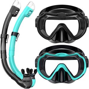 Snorkeling Gear for Adults, Snorkel Mask Set 180 Panoramic View Snorkel Gear, 100% Food-Grade Silicone Anti-Fog Anti-Leak Dry Top Diving Mask for Snorkeling Swimming Scuba Diving (Black-Green)
