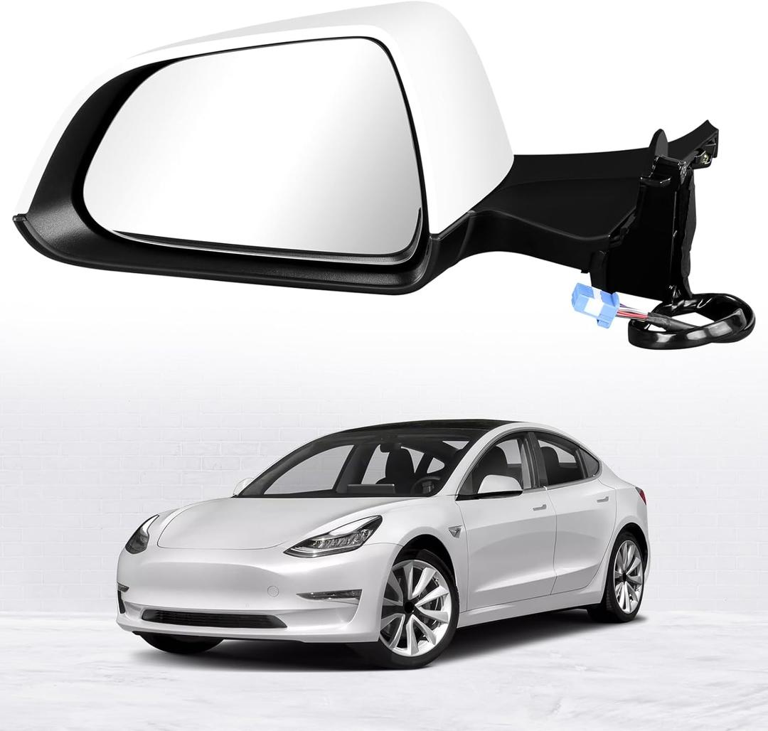 Door Mirror Assembly Rear View Mirror Compatible with 2017-2023 Tesla Model 3 Driver Side with 13 Pins/Memory Recall/Power Adjusted/Fold/Heated Replace 1592031-00-E (White)