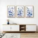 FWIEXA Blue White Wildflower Canvas Wall Art Set of 3, Framed Navy Chinoiserie Watercolor Botanical Pictures Wall Decor, Minimalist Floral Paintings Artwork, 24x36In Florals Prints for Living Room, Bedroom, Bathroom