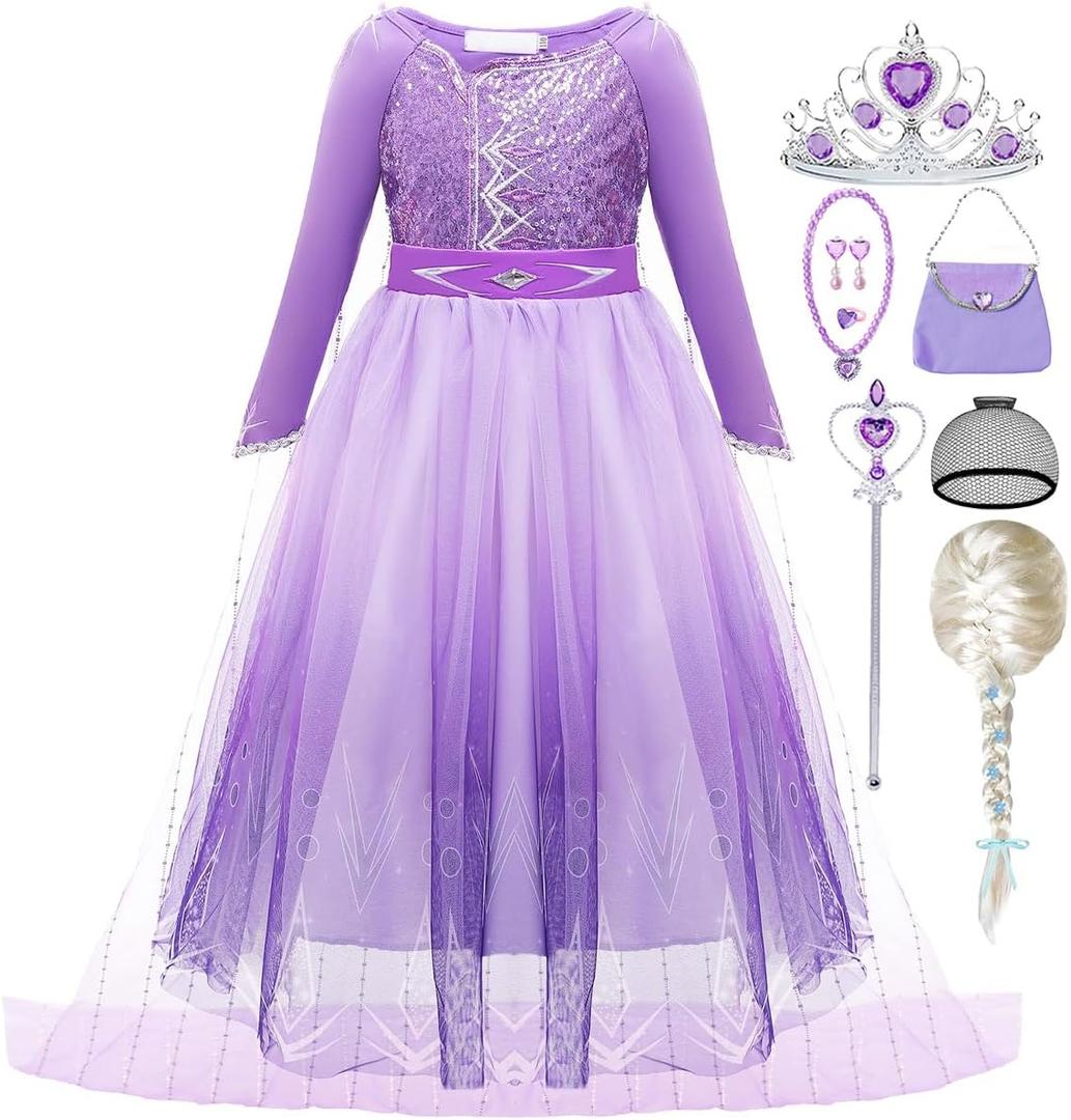 Elsa Dress for Girls Purple Princess Costume for Kids Cosplay with Wig for Halloween Party (Purple)