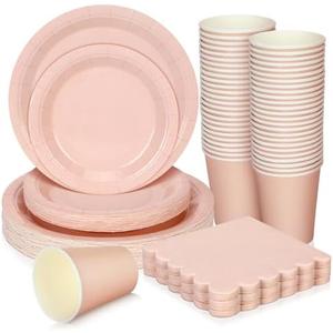 Ziliny 150 Pcs Disposable Party Dinnerware Supplies Set Includes 7'' 9'' Disposable Paper Plates 9oz Paper Cups Scalloped Cocktail Napkins for Baby Shower Birthday Wedding (Light Pink)